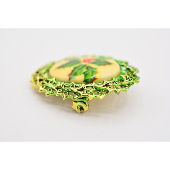 Tancer II Christmas Pin Brooch Holiday Red Berry Mistletoe Gold Signed BinAL - Picture 6 of 12